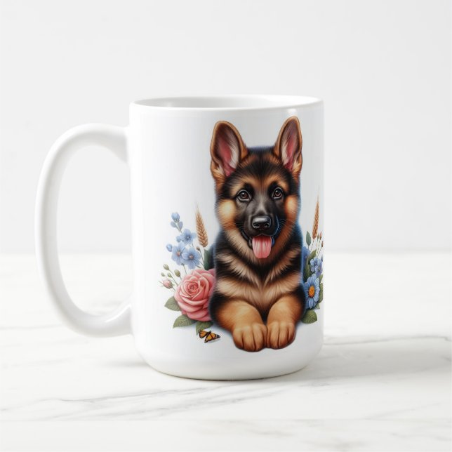 Mug Chiot allemand jouant avec fleurs (Gauche)