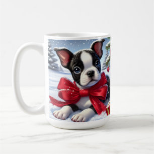 Mug Chiot avec Bow rouge sur la scène de Noël enneigée