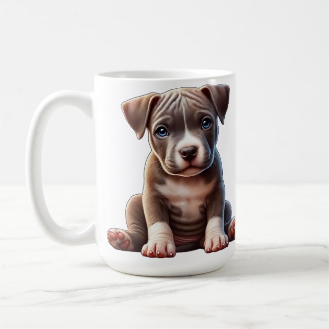 Mug Chiot avec yeux bleus assis et regardant Innocent (Gauche)