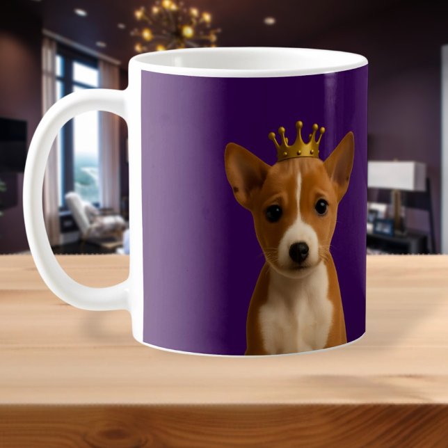 Mug Chiot Basenji en Couronne Or (Basenji Puppy in Gold Crown Cute Coffee Mug by Ricaso. Adorable pup dog on purple background)