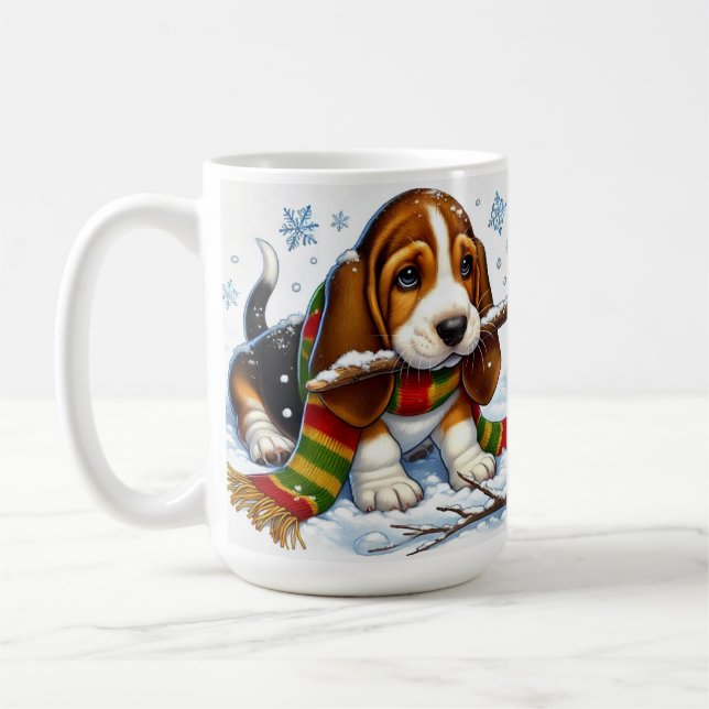 Mug Chiot Basset Hound dans la neige avec écharpe et b (Gauche)
