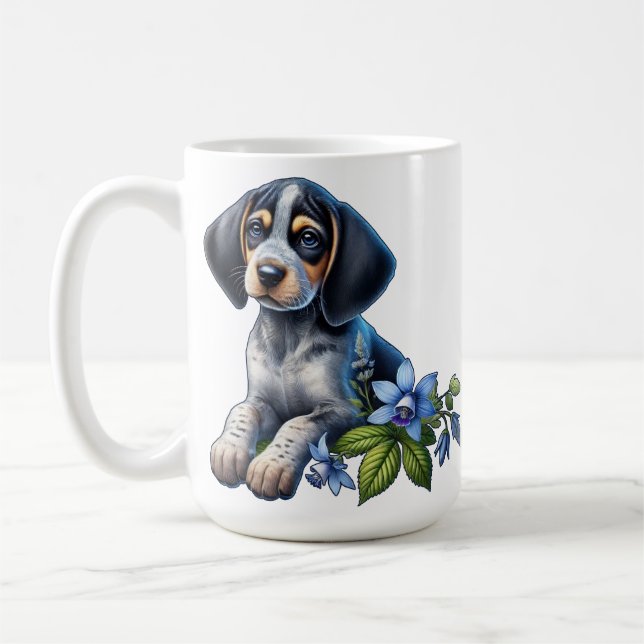 Mug Chiot bleu Tick Hound avec Fleurs Bleues Delicate (Gauche)