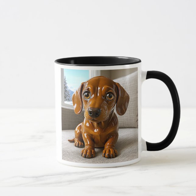 Mug chiot brun 3D assis, intérieur cosy en hiver.  (Droite)