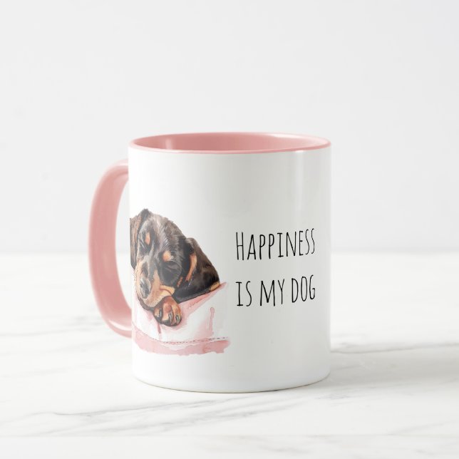 Mug Chiot Crème Noir Doux Endormi (Devant gauche)