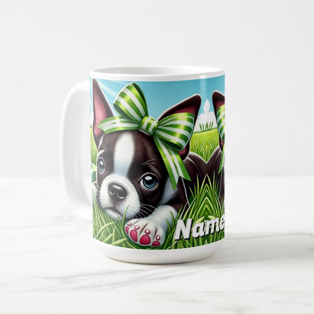 Mug Chiot de Boston Terrier personnalisé avec Bow vert (Devant gauche)