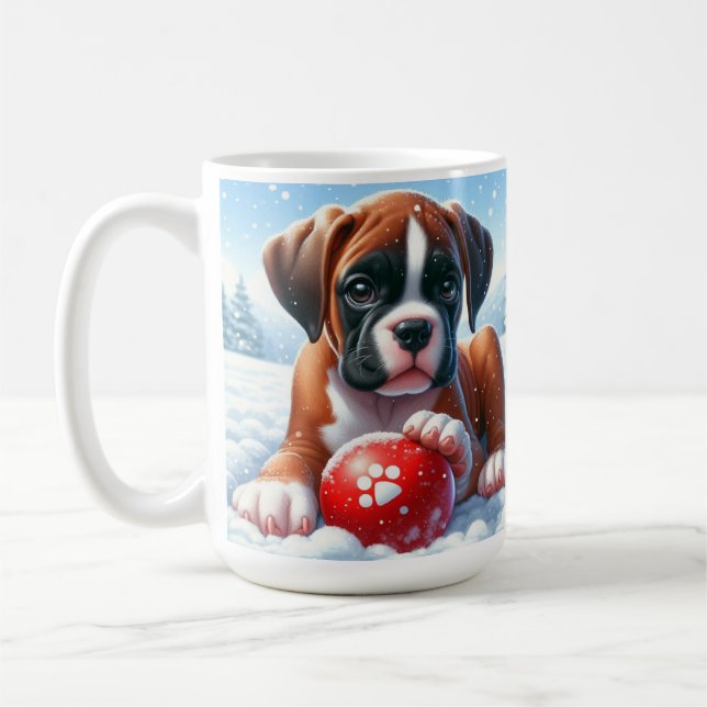 Mug Chiot de boxe jouant en neige avec une balle de jo (Gauche)