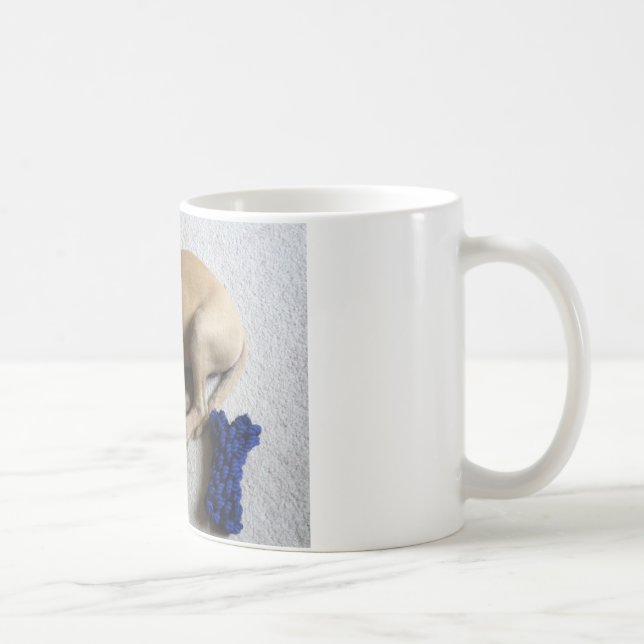 Mug chiot de cabot de Noir-bouche avec le jouet bleu (Droite)