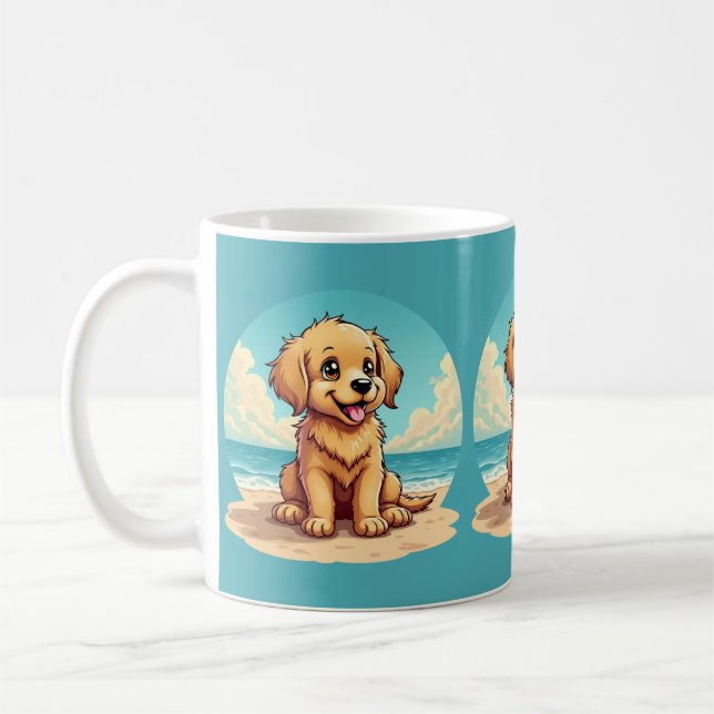 Mug Chiot doré mignon sur une scène de plage ensoleill (Gauche)