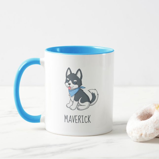 Mug Chiot Husky de Dessin Animé Mignon avec Nom Person (Avec donut)