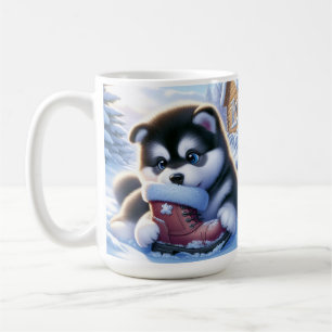 Mug Chiot jouant avec une botte hivernale couverte de