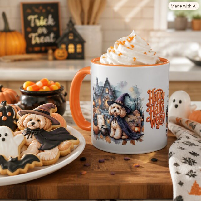 Mug Chiot Labradoodle et chat de vacances Halloween (Créateur téléchargé)