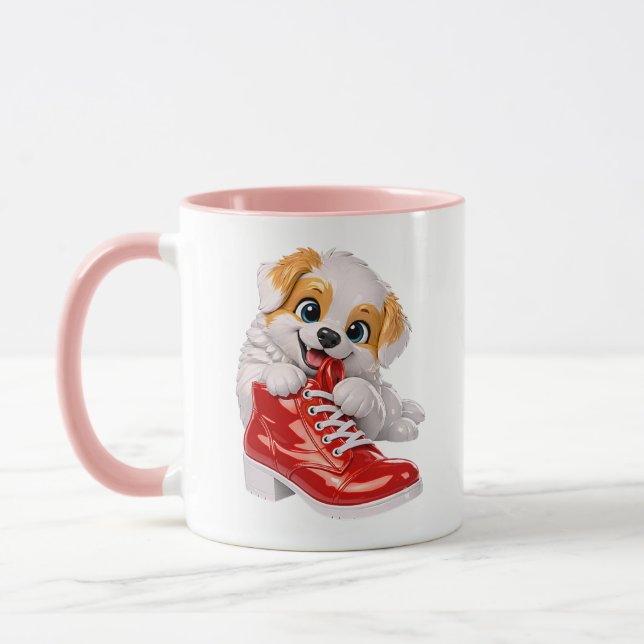 Mug Chiot Mignon Chien Vernis Botte Rouge (Gauche)