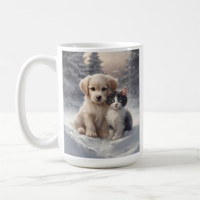 Mug Chiot mignon et chaton en neige (Gauche)