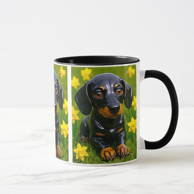 Mug chiot noir 3D dans fleurs jaunes. (Droite)