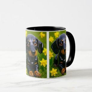 Mug chiot noir 3D dans un pré fleuri.