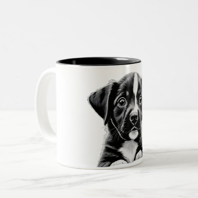Mug Chiot Noir & Blanc Adorable - Cadeau Parfait (Devant gauche)