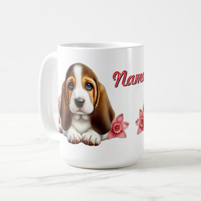 Mug Chiots Basset Hound Personnalisés Avec Fleurs (Devant gauche)