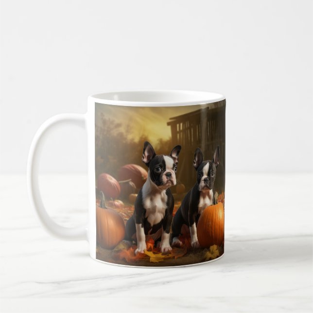 Mug Chiots Boston Terrier Automne Délice Citrouille (Gauche)