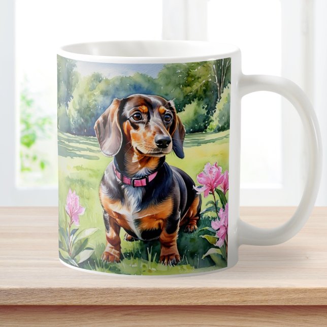 Mug Chiots teckel saucisson chien mignon Doxie aquarel (A pretty coffee mug, illustrated on both sides with a cute dachshund puppy in a watercolor style)