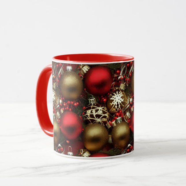 Mug Chocolat Brown et ornements de Noël rouge rubis (Devant gauche)