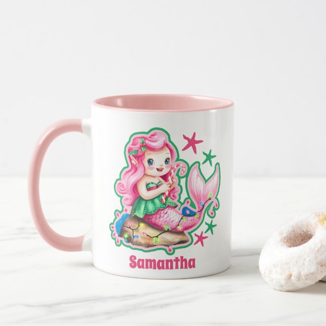 Mug Chocolat chaud pour enfants de Noël de sirène rose (Avec donut)