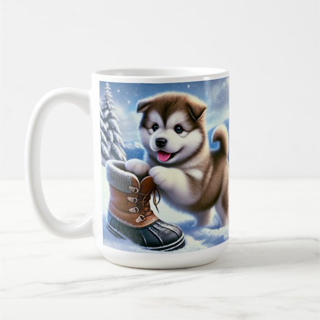 Mug Chou Husky Jouer dans le paysage hivernal enneigé (Gauche)