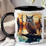Mug Chouette à Sunset Forest Reflection<br><div class="desc">Profitez du charme mystique de la Chouette à Sunset Forest Reflection Mug. Cette tasse captivante présente une chouette majestueuse perchée sur une branche, avec la forêt sereine et les teintes chaudes du coucher du soleil magnifiquement réfléchie dans un lac tranquille. Customisé de votre nom, il ajoute une touche personnelle et...</div>