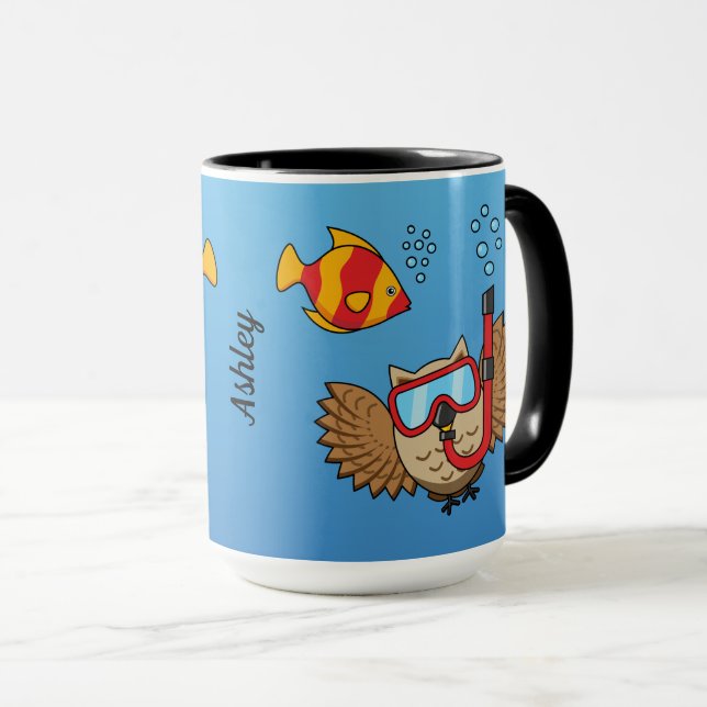 Mug Chouette avec masque tuba et poisson tropical | Aj (Devant droit)