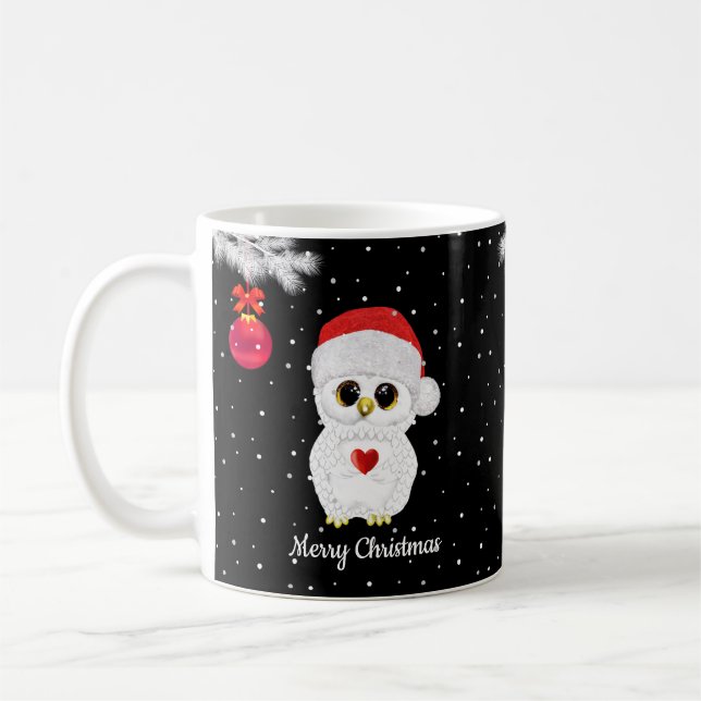 Mug Chouette blanche de Noël sur noir (Gauche)