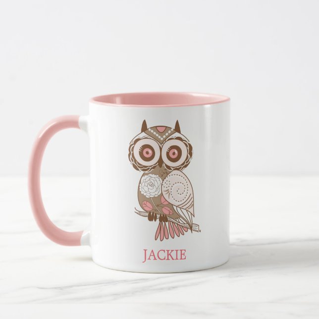 Mug Chouette blanche rose mignonne personnalisée (Gauche)