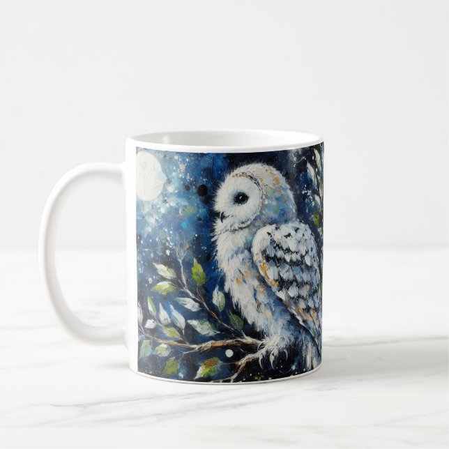 Mug Chouette blanche sur branche dans la peinture lune (Gauche)