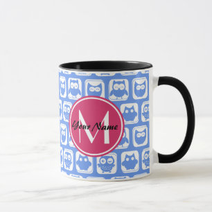 Mug Chouette bleue Motif rose Personnalisé Monogramme