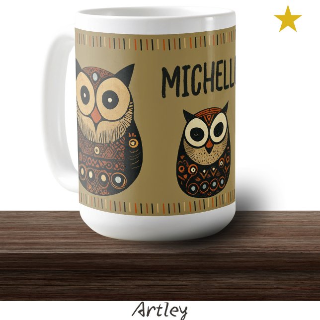 Mug Chouette d'art populaire Brown noire Nom personnal (Créateur téléchargé)