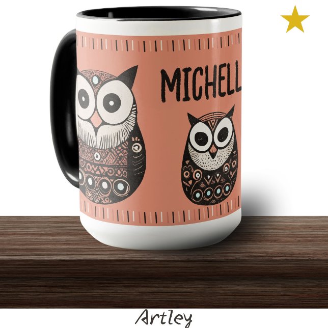 Mug Chouette d'art populaire rose Nom personnalisé (Créateur téléchargé)