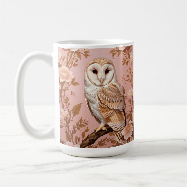 Mug Chouette de grange élégante fleurs roses et or  (Gauche)