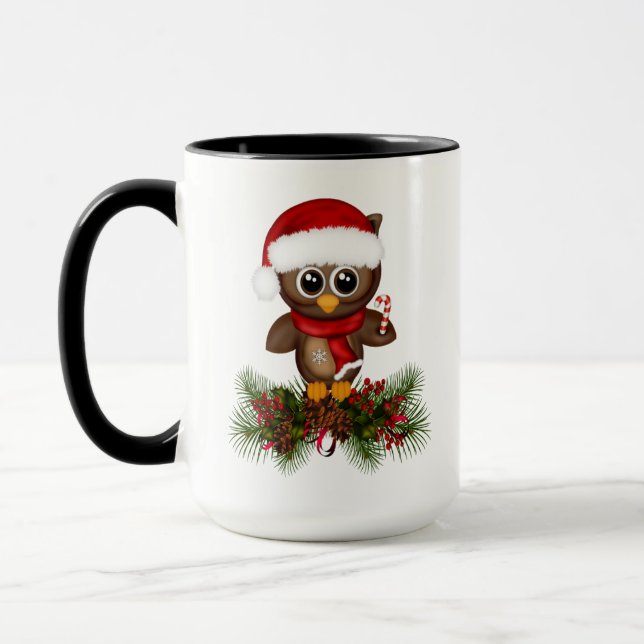 Mug Chouette de Noël mignonne sur la branche de pin Mu (Gauche)