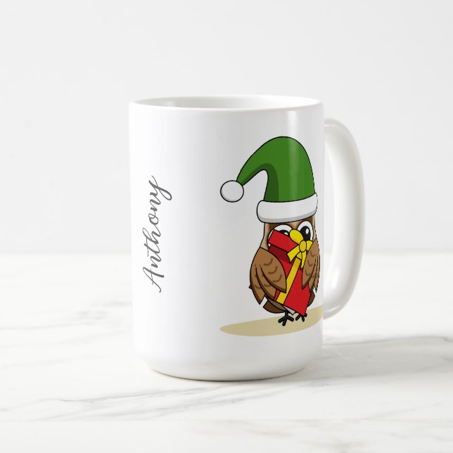 Mug Chouette elfe de Noël avec présent (Devant droit)