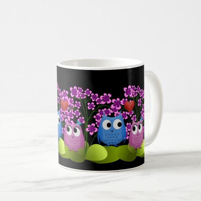 Mug Chouette Inséparable rose et bleu (Devant droit)