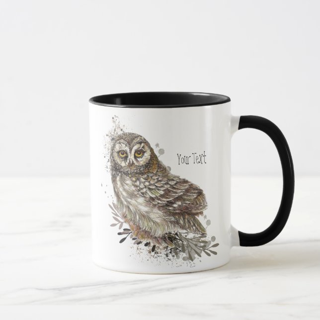 Mug Chouette mignonne, Aquarelle Oiseau Nature Texte p (Droite)