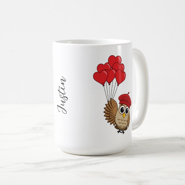 Mug Chouette mignonne volant avec des ballons de coeur (Devant droit)