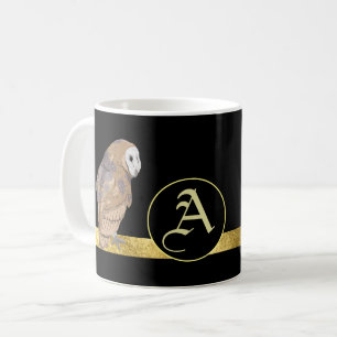 Mug Chouette noir arrière - plan or barre monogramme