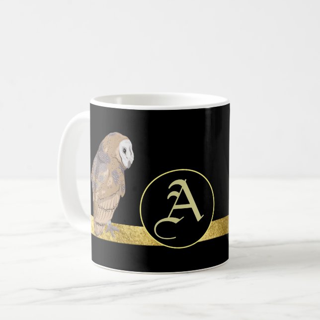 Mug Chouette noir arrière - plan or barre monogramme (Devant gauche)