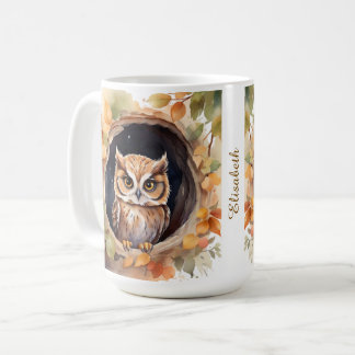 Mug Chouette rustique en bois dans l'arbre | Votre nom