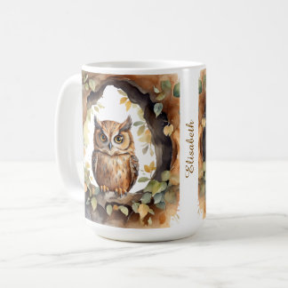 Mug Chouette rustique en bois dans l'arbre | Votre nom