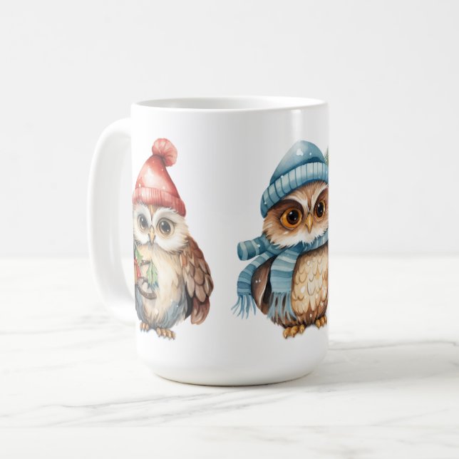 Mug Chouettes d'hiver Rouge bleu Chouettes rouges (Devant gauche)