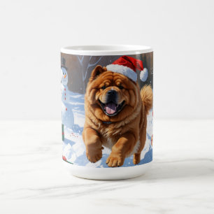 Mug Chow Chow courant dans la neige avec un chapeau de