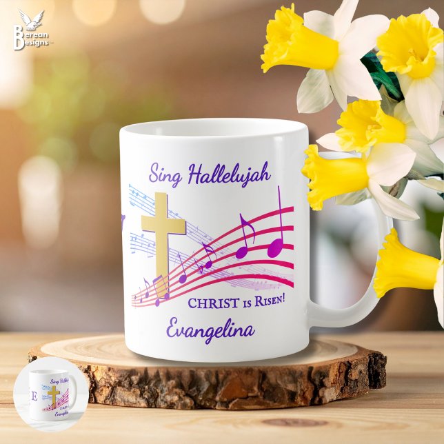 Mug Christian HALLELUJAH CHRIST IS RISEN Easter (SING HALLELUJAH monogram Christian Easter mug to celebrate Christ is risen. With cross and music)