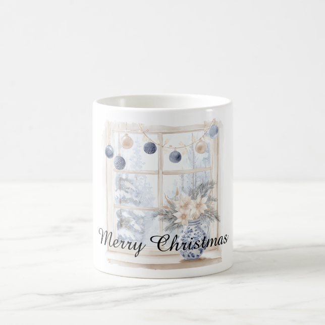Mug Christmas Blue Cream Ornaments Flowers Tree Window (Centre)