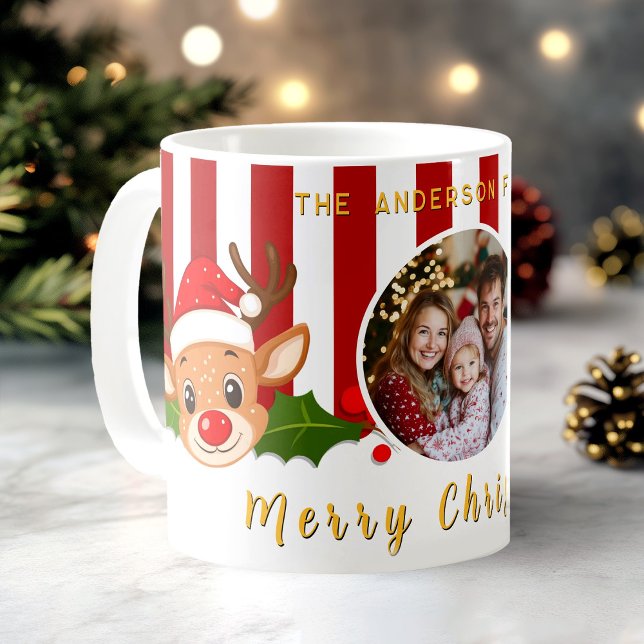 Mug Christmas Cute Père Noël Reindeer & Holly Photo de (Christmas Cute Santa Reindeer & Holly Family Photo Mug)