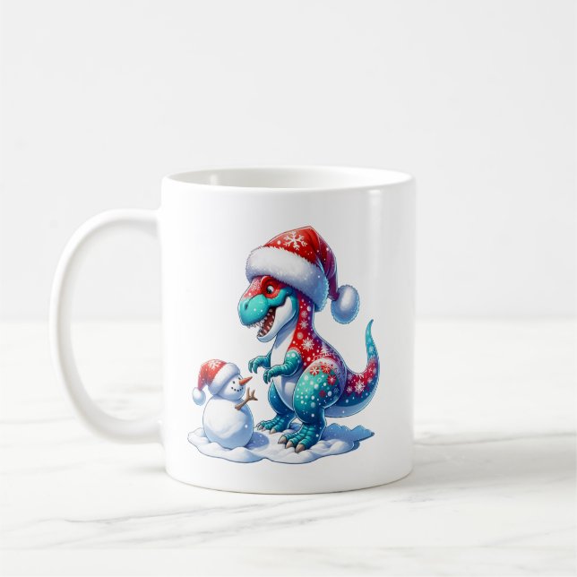 Mug Christmas dinosaur with cute snowman, fantasy  (Gauche)